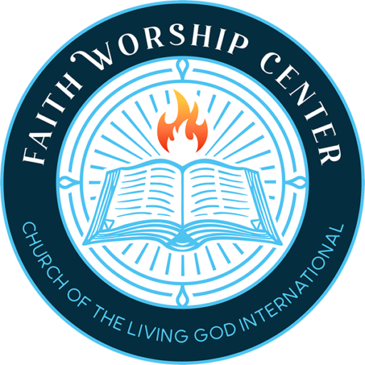 Faith Worship Center church logo with Bible and flame