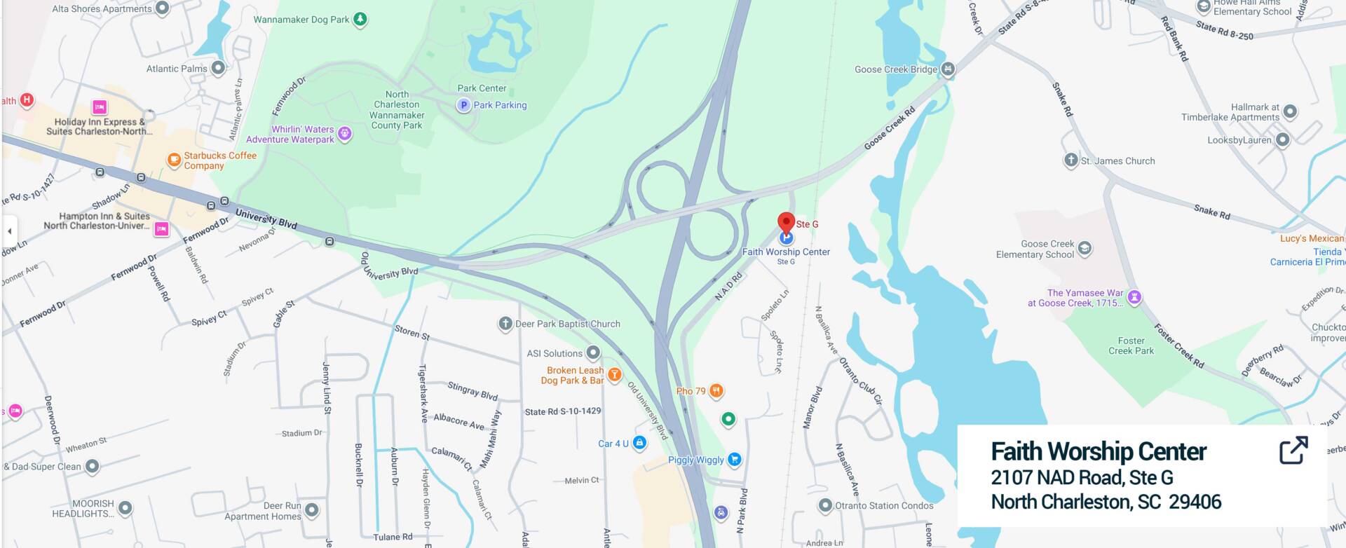 Map showing Faith Worship Center in North Charleston