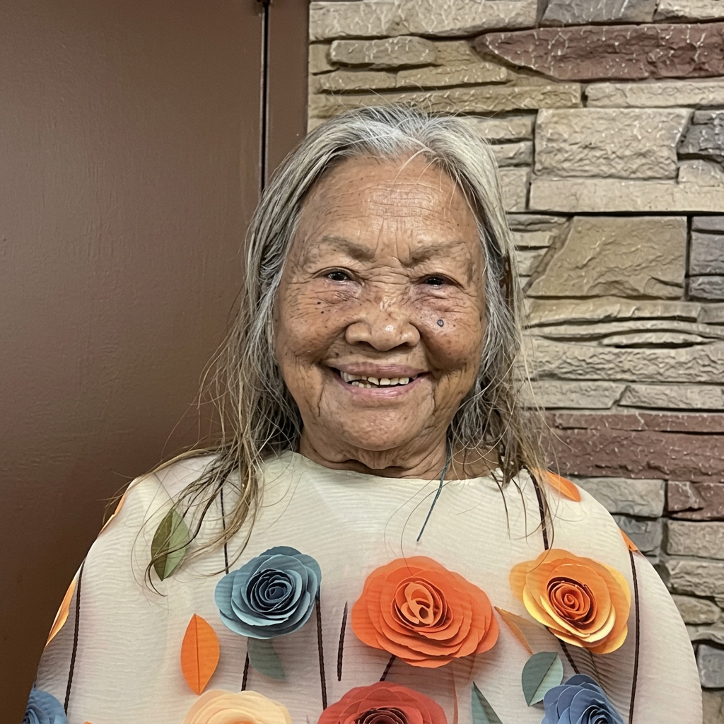 Smiling elderly woman in floral shirt against stone wall